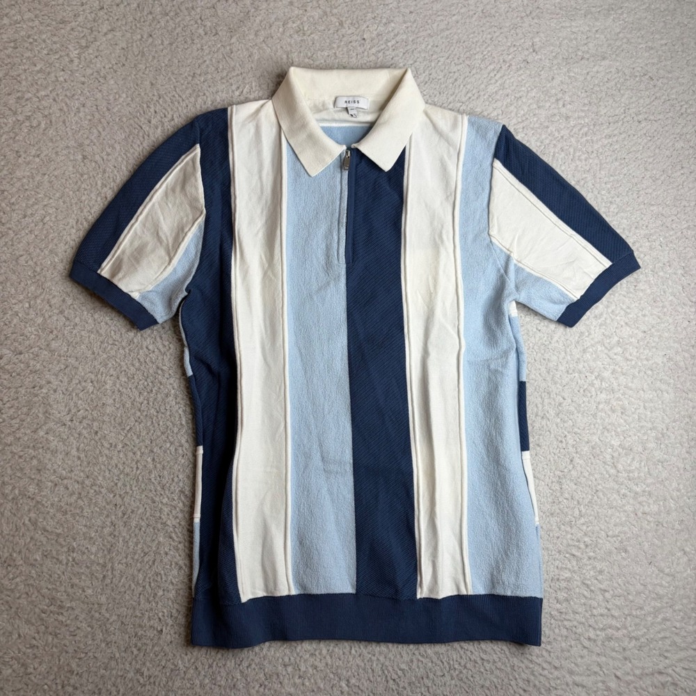 Reiss Herald Mens Blue Cream Striped Knit Quarter Zip Polo Shirt Size M